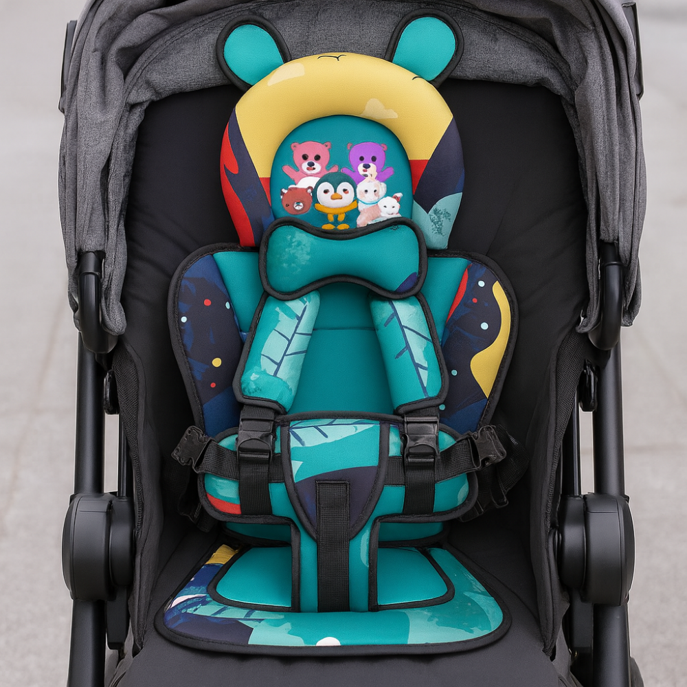 Robust blå nylon sikkerhedssele til babystol med justerbare stropper for optimal børnesikkerhed.