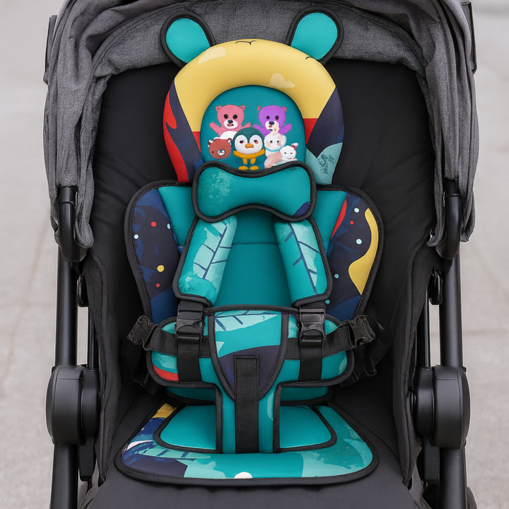 Robust blå nylon sikkerhedssele til babystol med justerbare stropper for optimal børnesikkerhed.