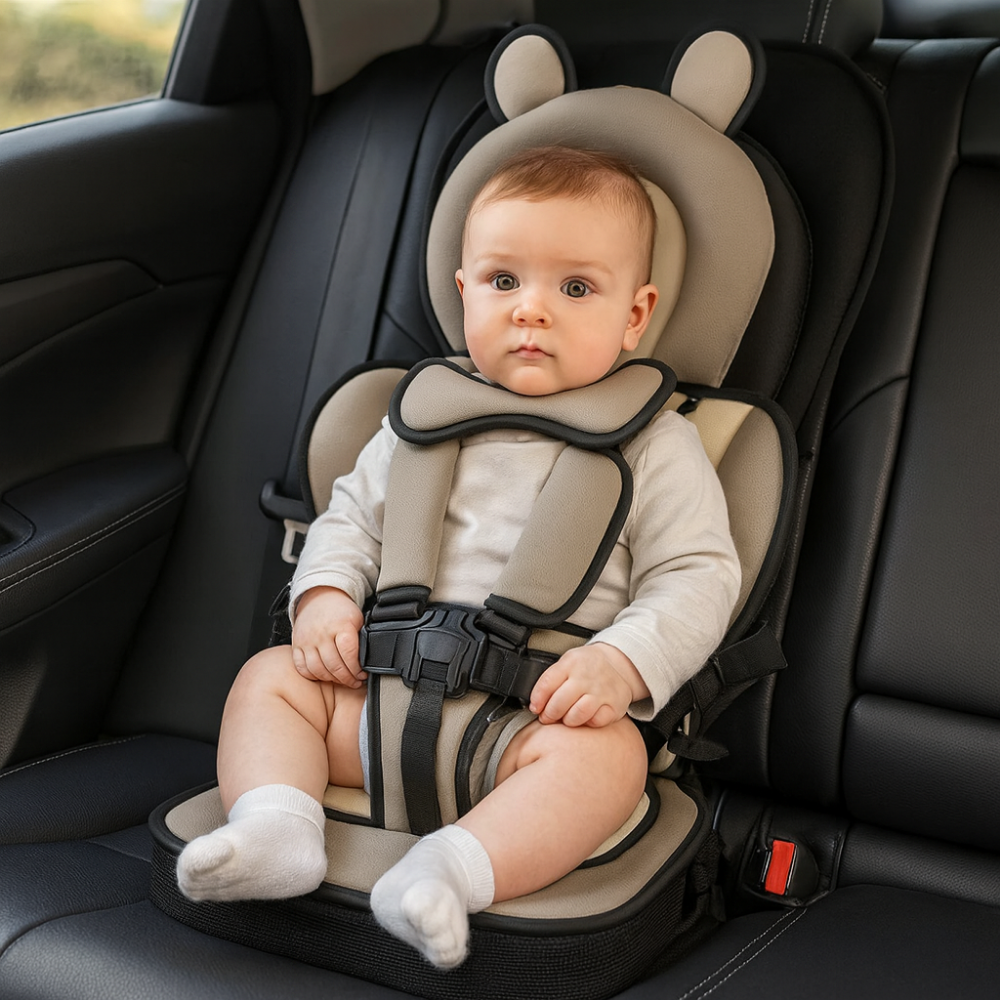 Montering af bærbar sikkerhedssele på spisestol, viser nem og hurtig fastgørelse for baby.