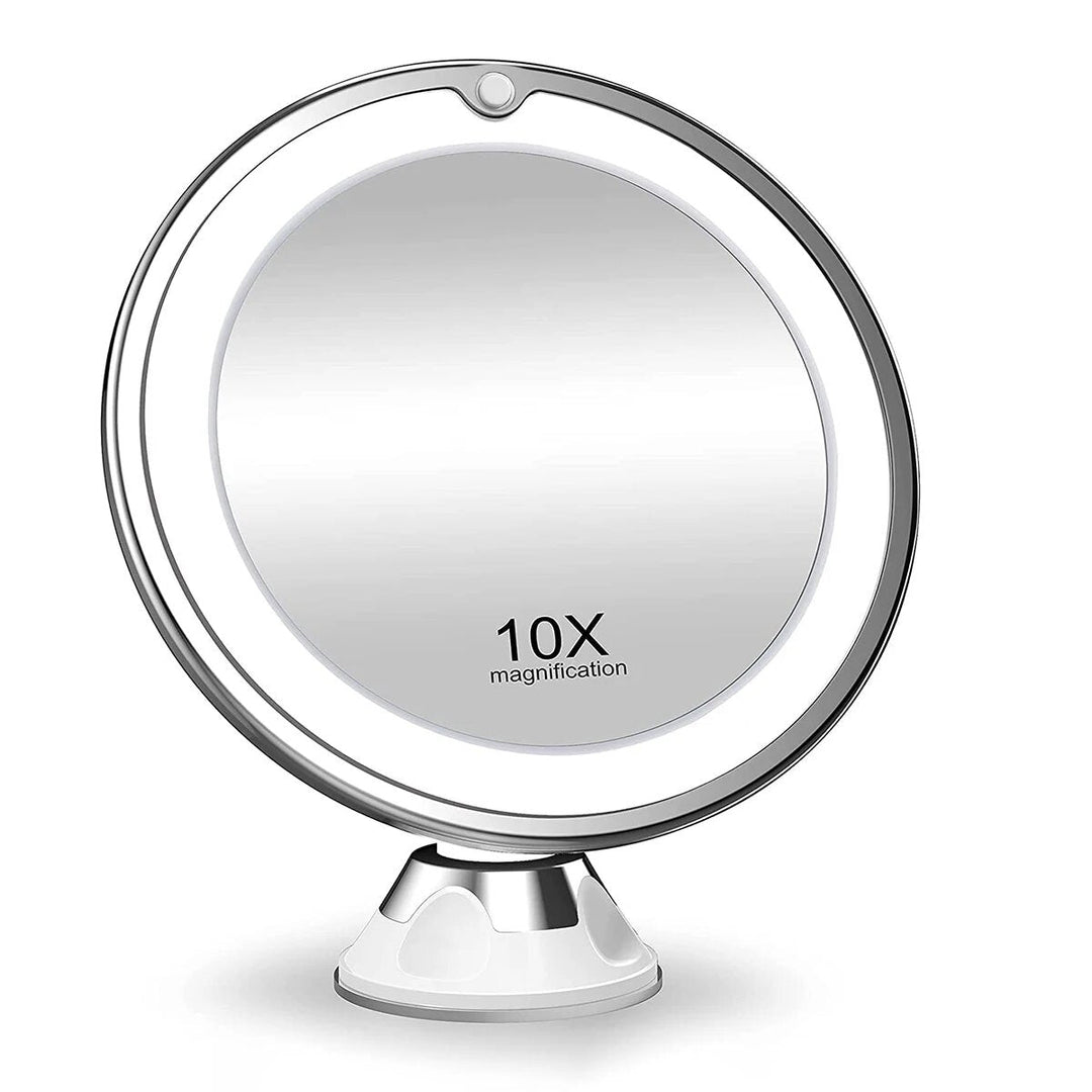 Detaljeret makeupspejl med 10x forstørrelse og LED-lys. Perfekt til kosmetik, skønhed og rejser. Drejer 360°.