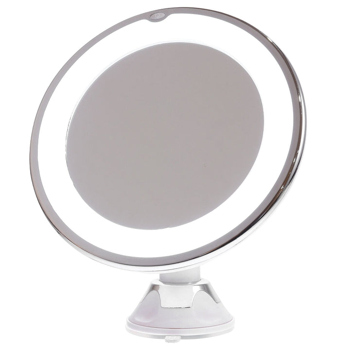 Elegant, bærbart makeupspejl med 10x forstørrelse og justerbart LED-lys. Ideelt til kosmetik og rejser.