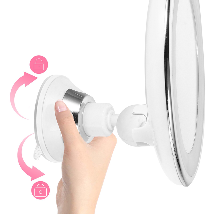 Praktisk 10x makeupspejl med LED-lys og 360° rotation. Optimerer din skønhedsrutine og sminkeapplikation overalt.
