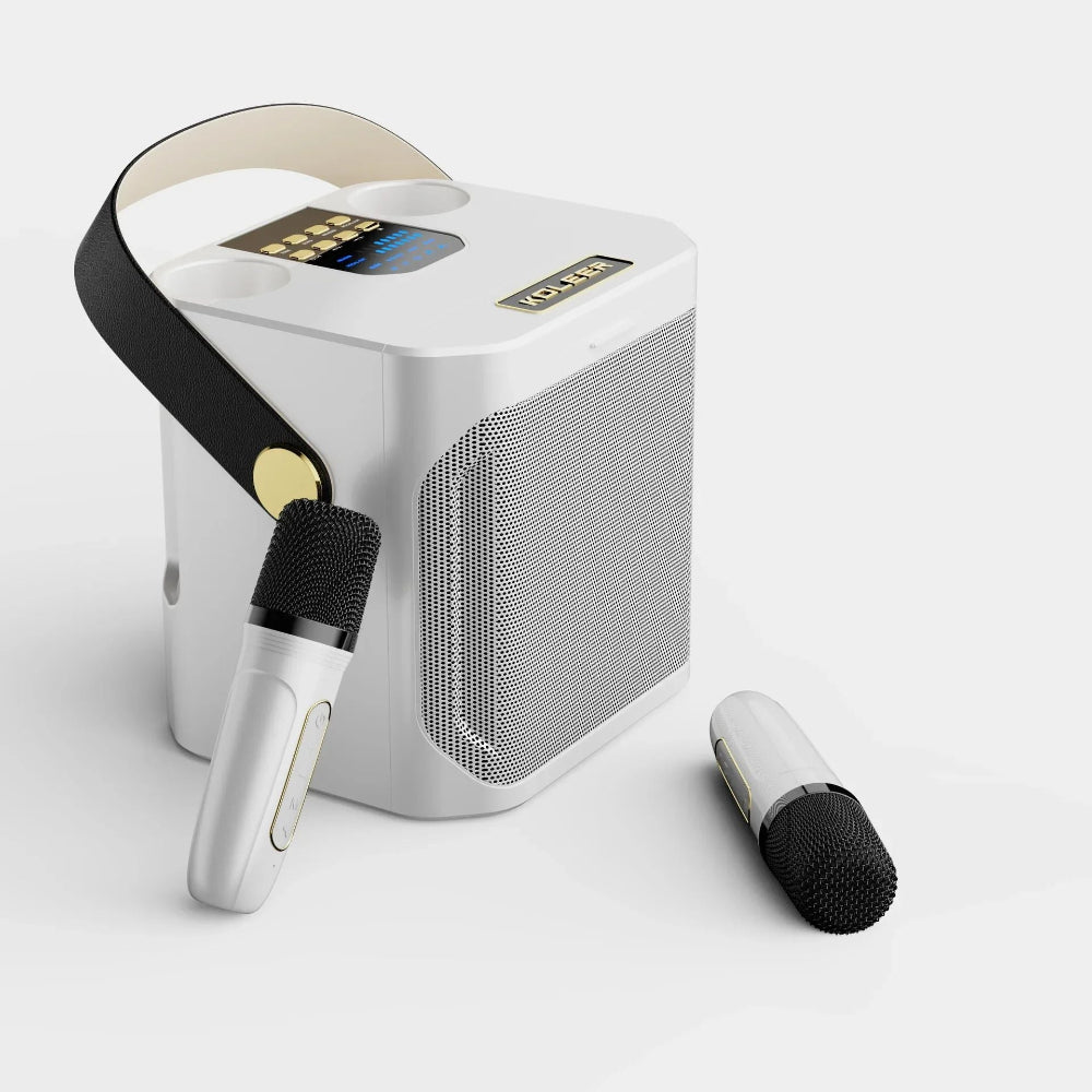 Bluetooth karaoke system til festen med 360° lyd og to trådløse mikrofoner for sjov underholdning.