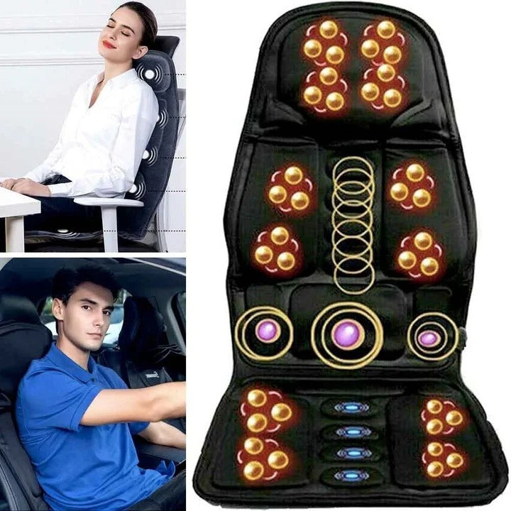 Bærbart massagesæde med varme til ryg og nakke, perfekt til afslapning derhjemme eller i bilen.