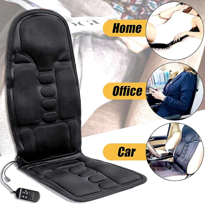 Ergonomisk massagesæde med justerbar intensitet og beroligende varmefunktion for ryg- og nakkeafslapning.