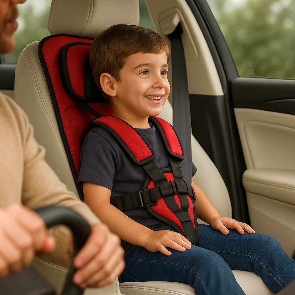 Foldbar autostol for børn, et ideelt og pladsbesparende rejseudstyr til bilen.