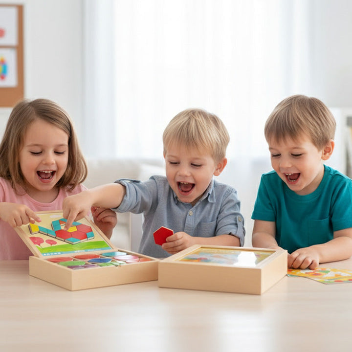 Børn leger med BrainCraft Builders magnetisk puslesæt. Udvikler kreativitet & finmotorik.