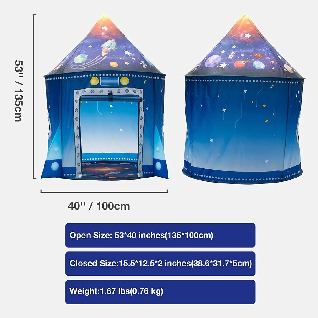 Fantasifuldt børns pop-up rakettelt med rumtema design, en perfekt gaveide til timevis af indendørs leg.