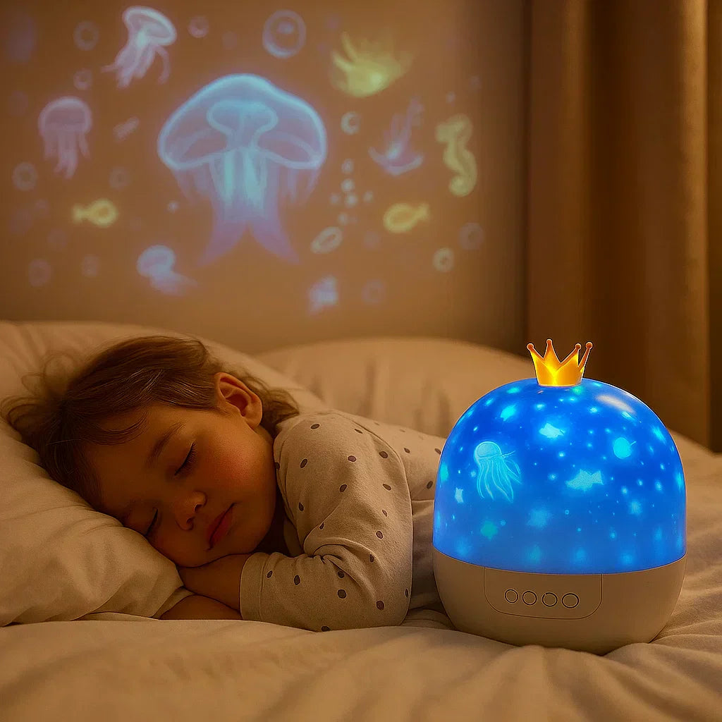 Børns magisk stjernehimmel projektor natlampe med beroligende lys og Bluetooth for god nattesøvn.