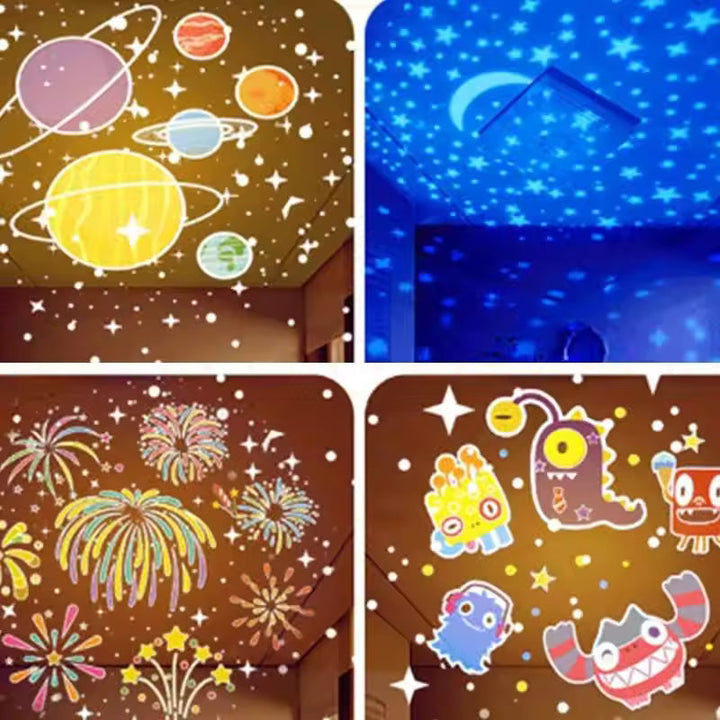 Detaljeret billede af børns stjernehimmel projektor natlampe, viser farverig lysprojektion på væg.