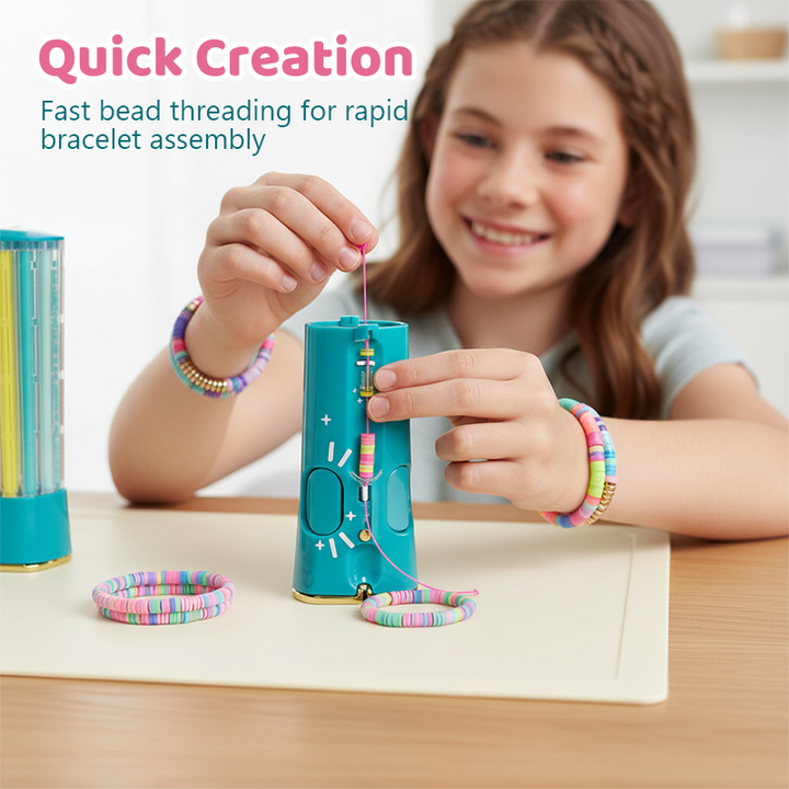 Alle dele af Perlesættet: snor, låse, og et væld af perler til gør-det-selv armbånd og smykker.