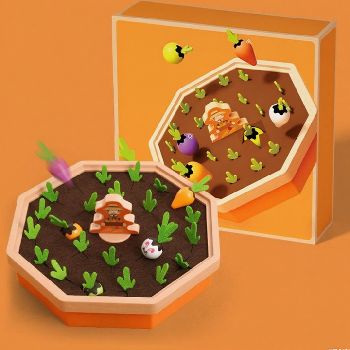 Glad barn spiller PlayPatch magnetisk gulerodsspil. Udvikler finmotorik, farvelæring og logisk tænkning.