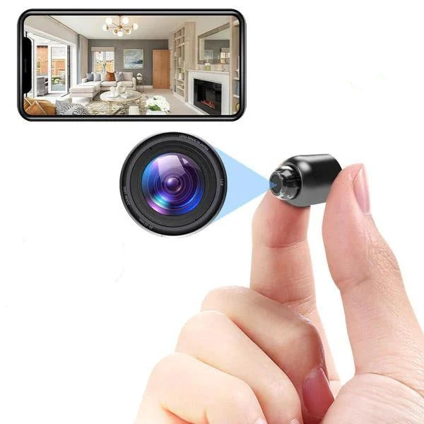 "Bærbart NanoWatch WiFi kamera med 1080p HD og 120° vidvinkellinse, magnetisk base, sort diskret design"