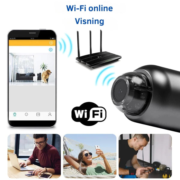 "Bærbart NanoWatch WiFi kamera med 1080p HD og 120° vidvinkellinse, magnetisk base, sort diskret design"