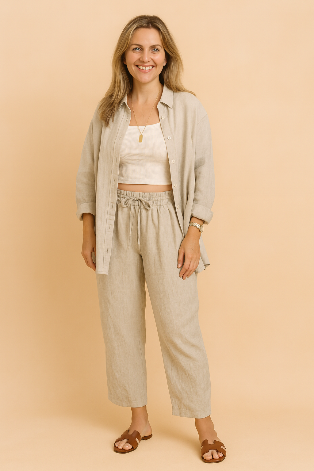 Beige, komfortabelt todelt loungewear sæt til kvinder i hør-look. Perfekt til afslappet hverdag.