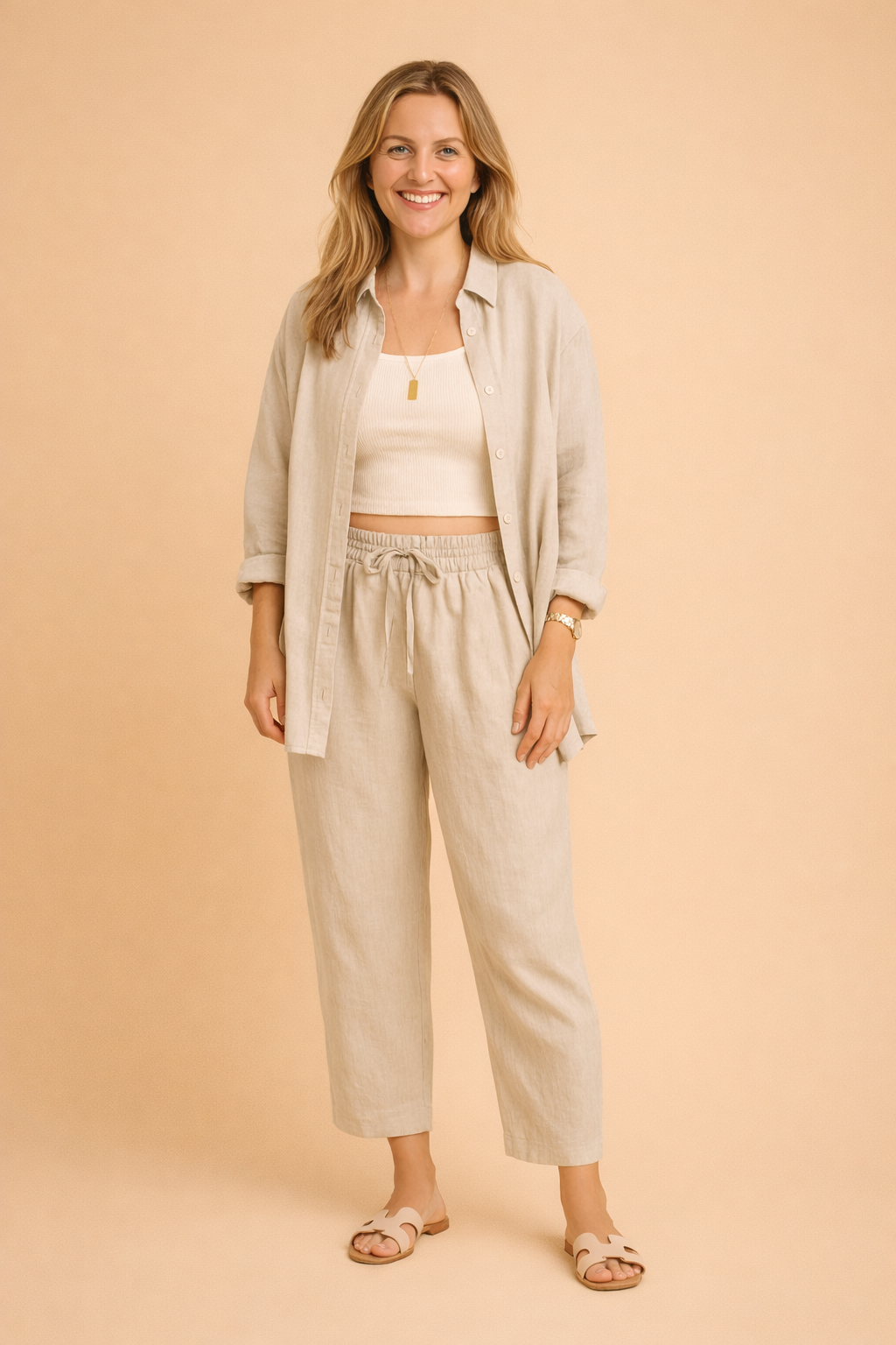 Komfortabelt beige todelt kvindesæt i hør-look. Afslappet stilfuldt loungewear, perfekt til forår og sommer.