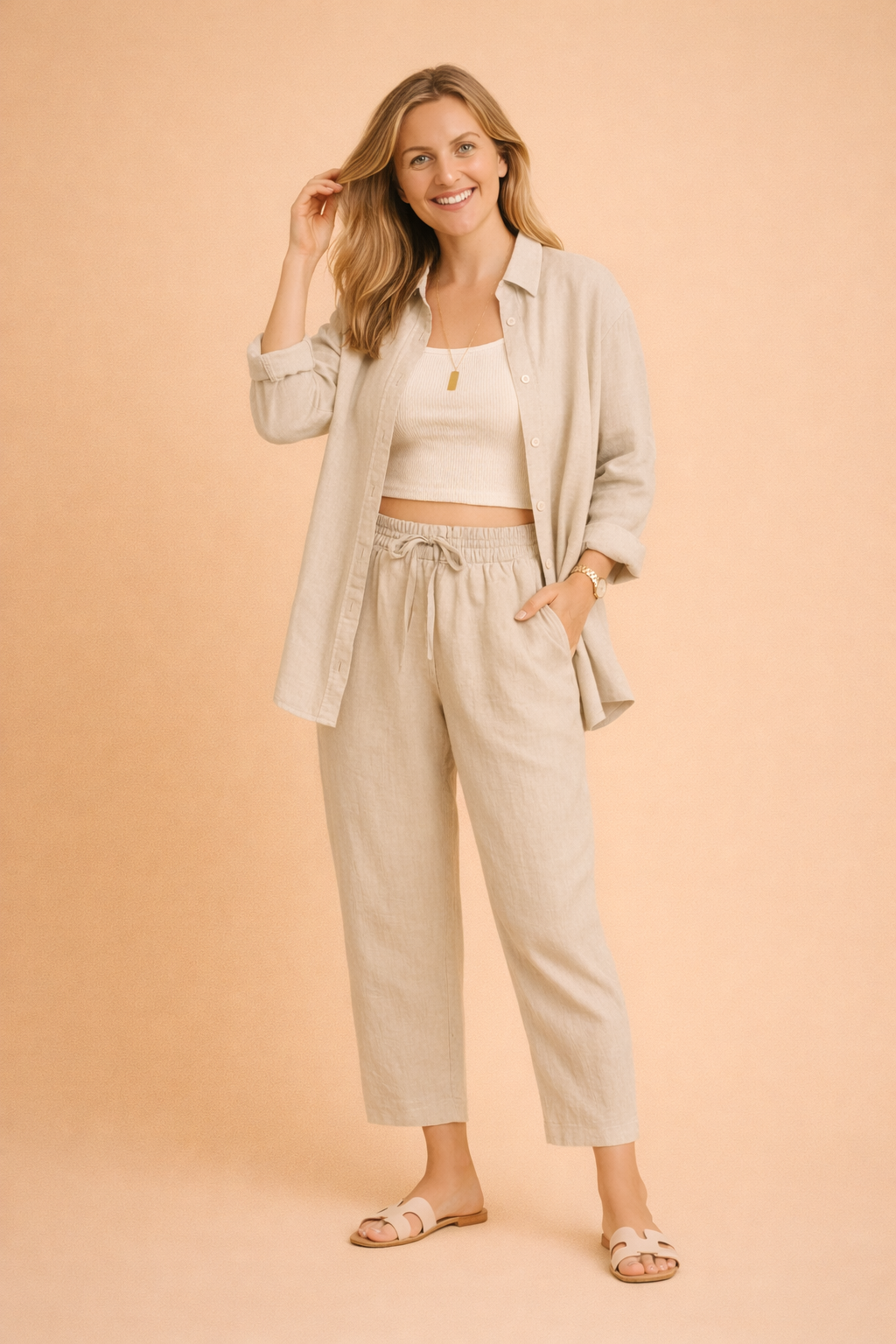 Elegant beige hverdagssæt til kvinder. Komfortabelt og stilfuldt design med hør-look, ideelt til forår og sommer.