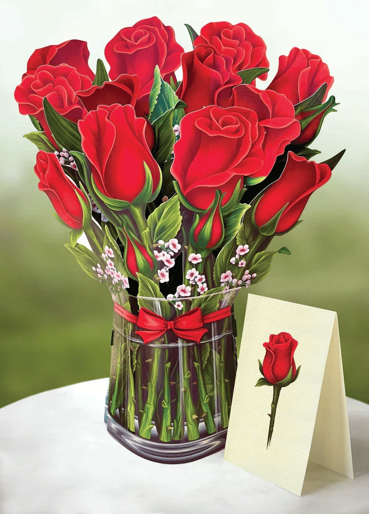 Imponerende 3D blomsterbuket, der popper op fra kortet; en garanteret uforglemmelig gaveoverraskelse.