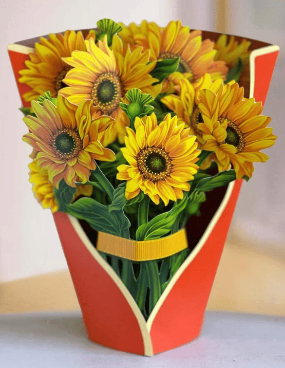 Unikt Fleurish pop-op kort, der folder sig ud som en 3D blomsterbuket – en uventet gaveoverraskelse.