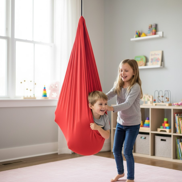 Tryg sensorisk gynge til børn. Designet for sikkerhed og maksimal afslapning.