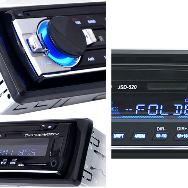 "Bilradio med Bluetooth, multifunktionel, kompakt design, sort og sølv, håndfri opkald, passer i alle biltyper."