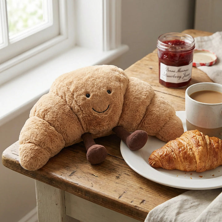 Blød croissant krammebamse med et smil, perfekt til hygge og leg på børneværelset.