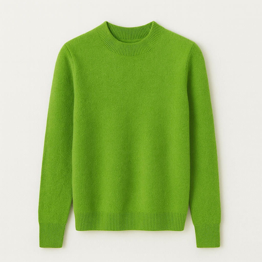Detalje af rund hals og ribkant på en blød dame sweater. Høj kvalitet og komfort.