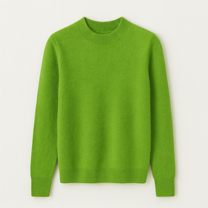 Detalje af rund hals og ribkant på en blød dame sweater. Høj kvalitet og komfort.
