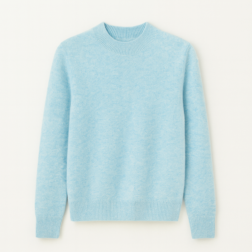 Nærbillede af den bløde strik på en dame sweater med rund hals. Ensfarvet kvalitet.