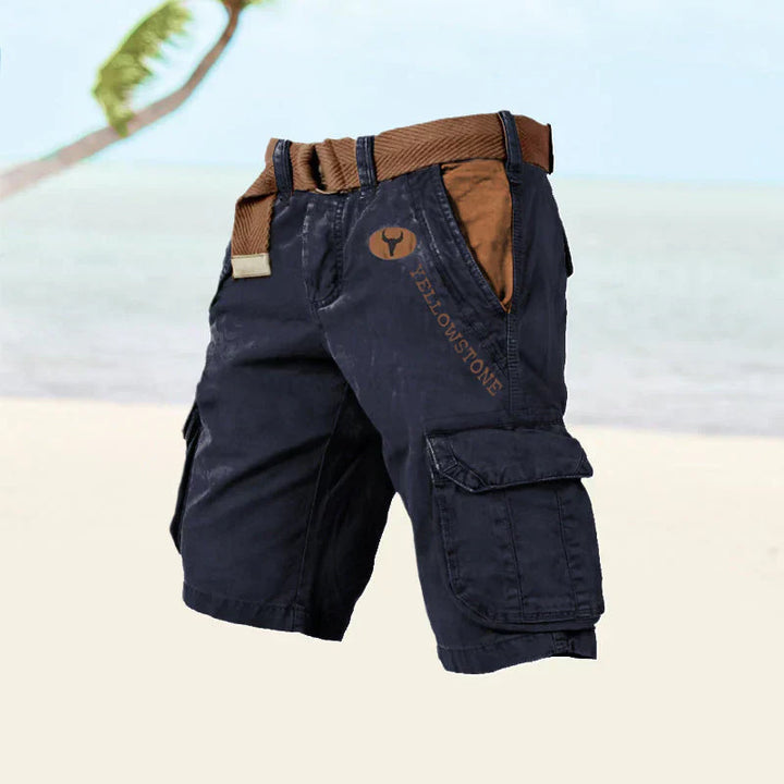 "Blå cargo shorts til herre med mange lommer og justerbar linning for optimal komfort og stil."