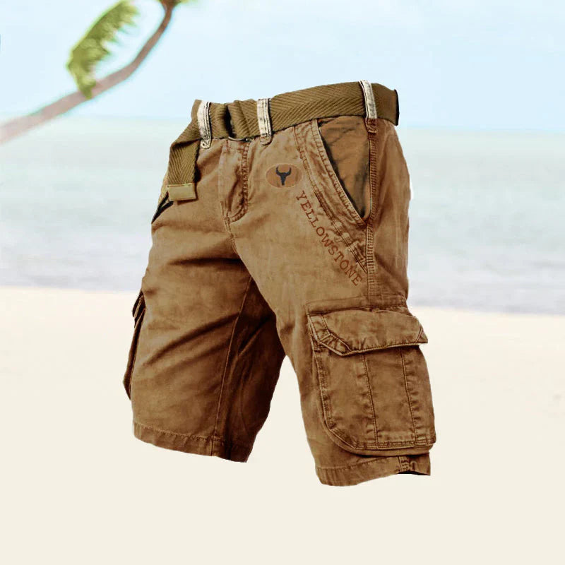"Blå cargo shorts til herre med mange lommer og justerbar linning for optimal komfort og stil."