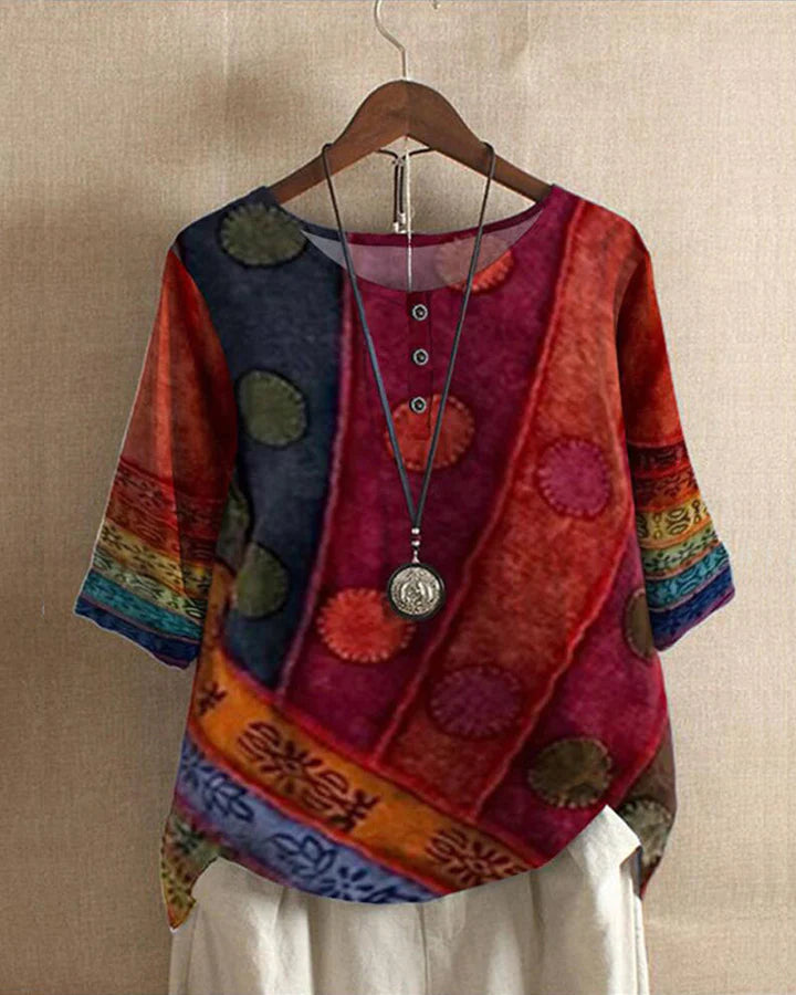 "Boho bluse til kvinder med stilfuldt vinmarkprint, afslappet pasform, ideel til hverdagsbrug og særlige lejligheder"