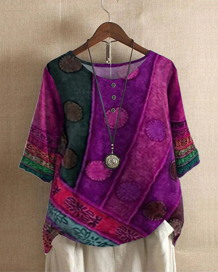 "Boho bluse til kvinder med stilfuldt vinmarkprint, afslappet pasform, ideel til hverdagsbrug og særlige lejligheder"
