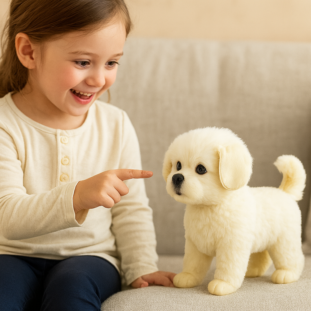 Hvid plys hundehvalp, et realistisk interaktivt robotdyr der simulerer et kæledyr for børn.