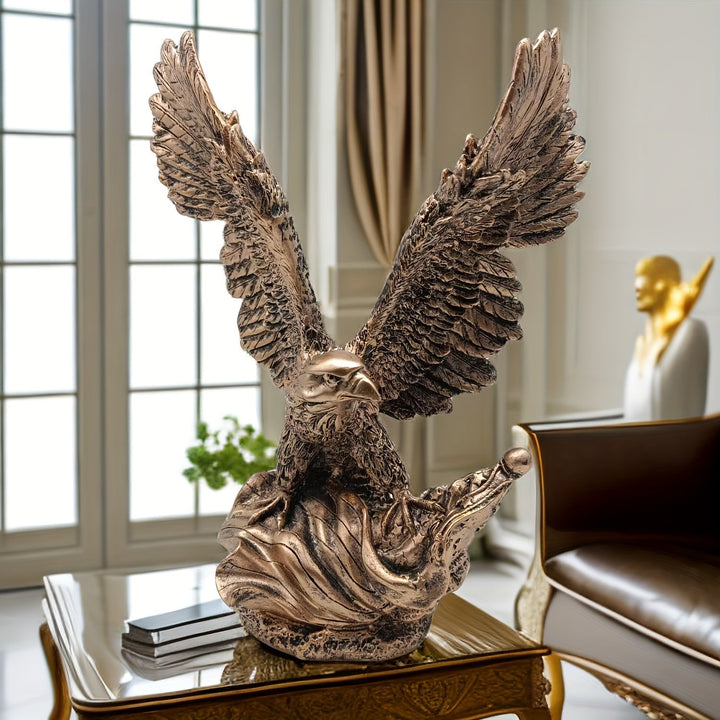 Dekorativ brun ørnestatuette. Symbolsk dyreskulptur med udstrakte vinger, ideel til kontor og hjem.