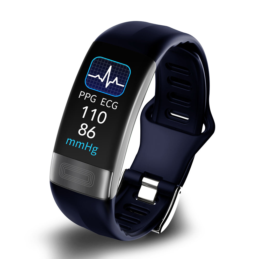 Bagsiden af CardioSync smartwatch med sensorer til EKG, blodtryk og pulsmåling. Præcis sundhedsdata.