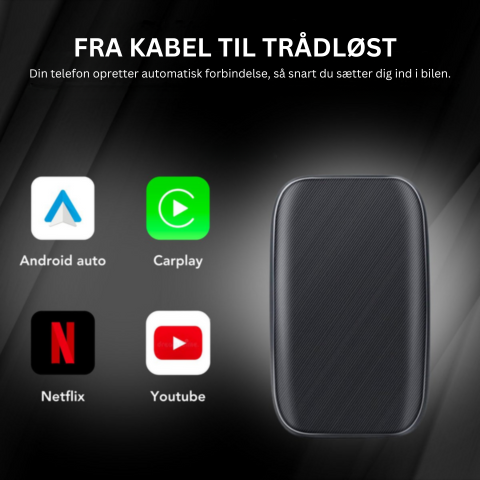 Enkel installation af CarLink™ trådløs adapter, der giver Apple CarPlay og Android Auto i bilens skærm.