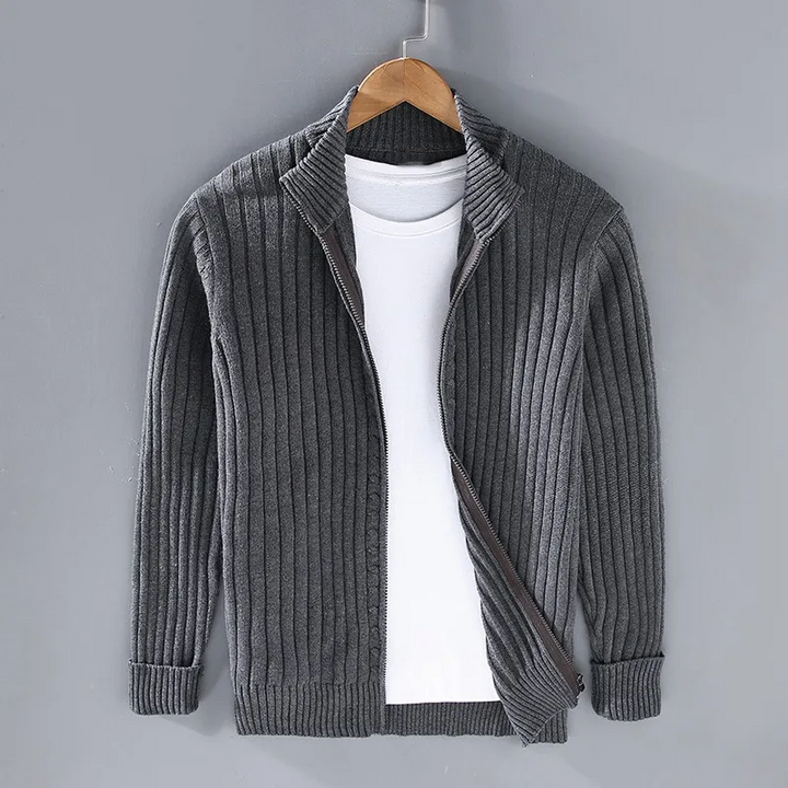"Casual cardigan med lynlås, rullekrave og lange ærmer, stilfuldt design til mænd, grå farve."