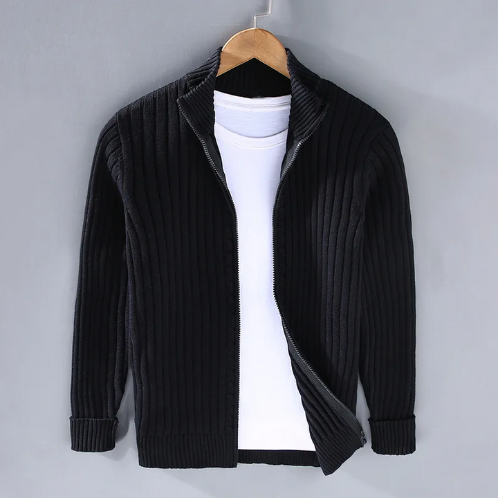 "Casual cardigan med lynlås, rullekrave og lange ærmer, stilfuldt design til mænd, grå farve."
