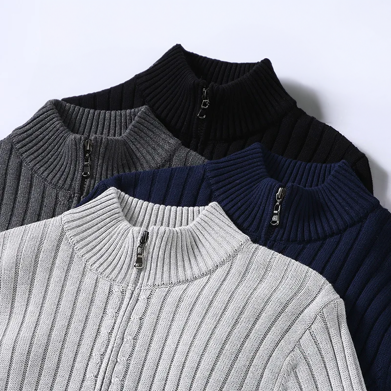 "Casual cardigan med lynlås, rullekrave og lange ærmer, stilfuldt design til mænd, grå farve."