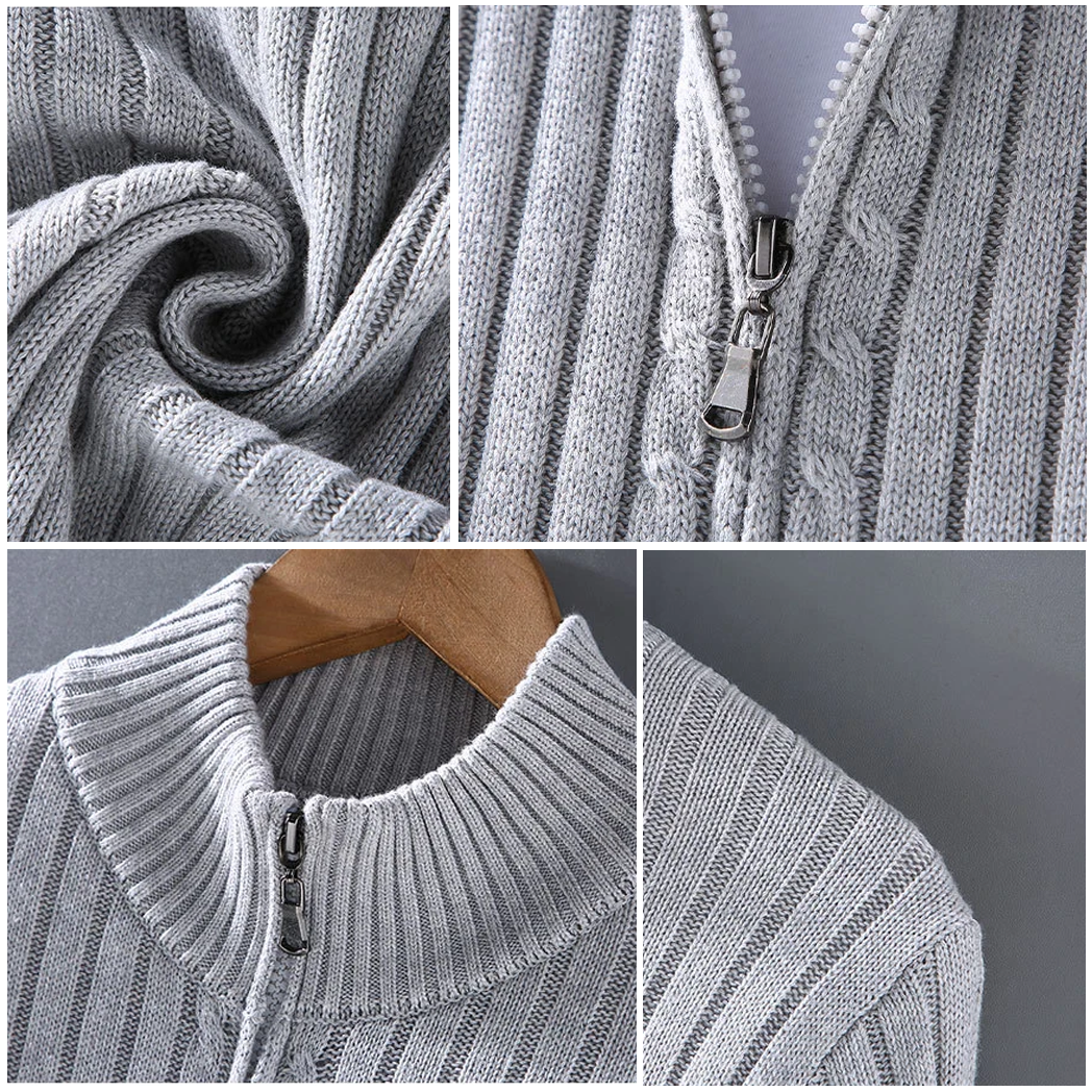 "Casual cardigan med lynlås, rullekrave og lange ærmer, stilfuldt design til mænd, grå farve."
