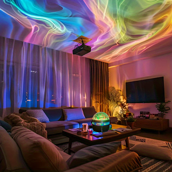 Nærbillede af Celestia Aurora LED projektor, viser slankt design og lysfunktioner til boligindretning.