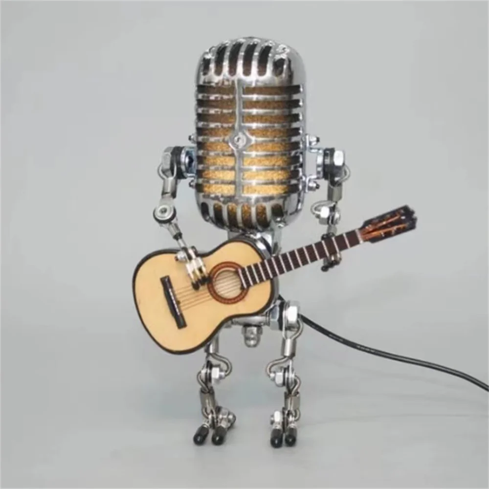 Sort og hvid robot stemningslampe med LED lys, musiktema. Ideel som natlampe eller dekorativ bordlampe.
