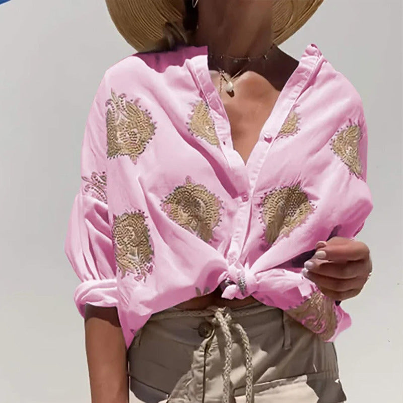"Chic sommerbluse til damer, letvægts og åndbar, elegant print, perfekt til solrige dage, flerfarvet"