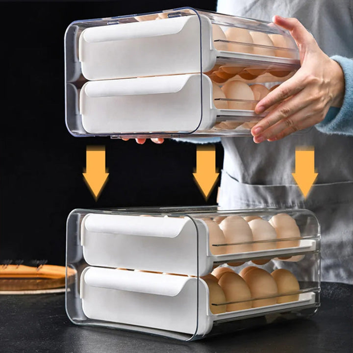 Smart udtrækkelig æggeholder fra ChillNest for optimal og pladsbesparende køleskabsopbevaring af æg.