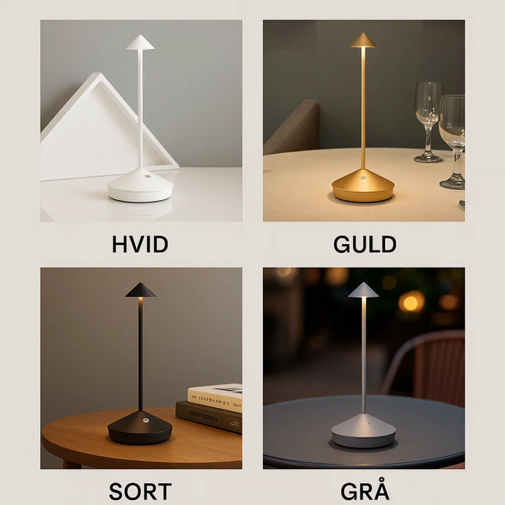 ClarityGlow designlampe på et træbord, giver varmt, dæmpbart stemningslys til indendørs/udendørs brug.