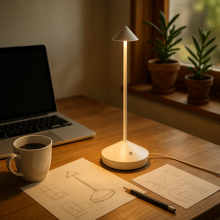 Dæmpbar ClarityGlow LED designlampe for justerbart stemningslys, skaber hygge indendørs og udendørs.