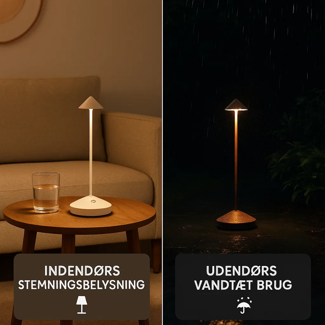 ClarityGlow vandtæt udendørs bordlampe på havebordet, perfekt til lange, stemningsfulde sommeraftener.