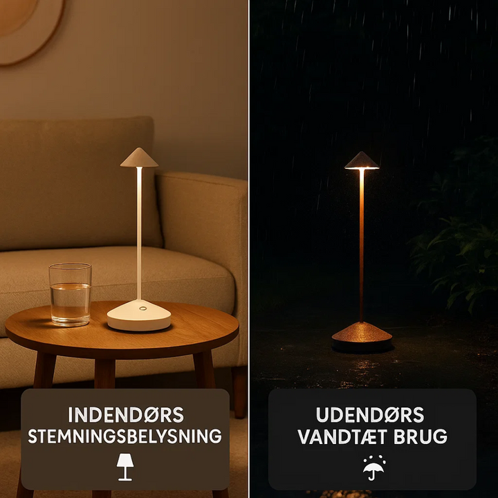 ClarityGlow vandtæt udendørs bordlampe på havebordet, perfekt til lange, stemningsfulde sommeraftener.