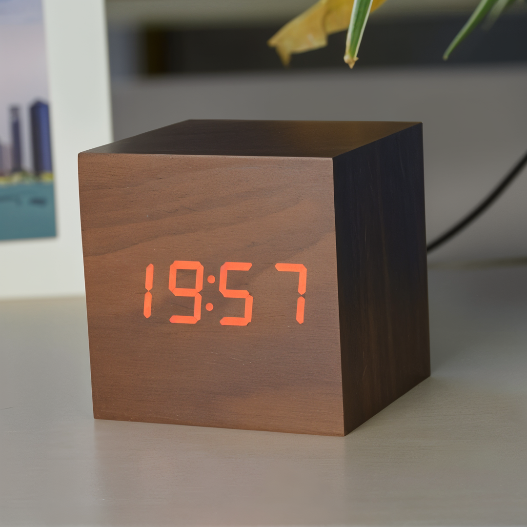 ClockyCube digitalt vækkeur med klar LED-visning. Stilrent kube design til moderne hjemmeindretning.
